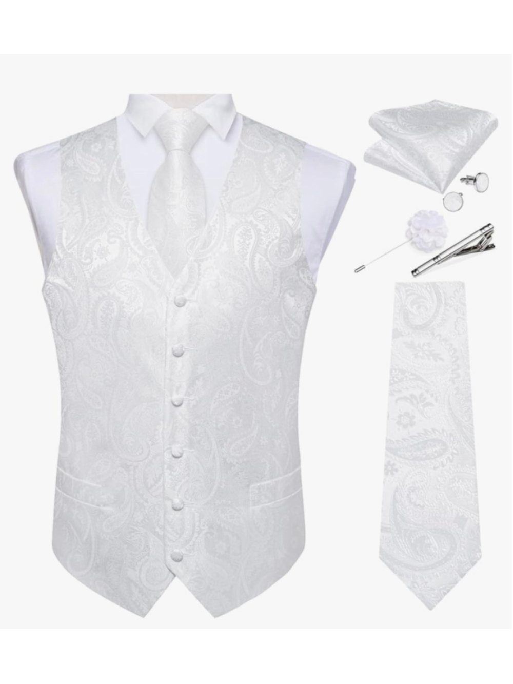 NEW Mens Vest Tie Set Silk Paisley Dress Waistcoat Wedding 6PCS 3X